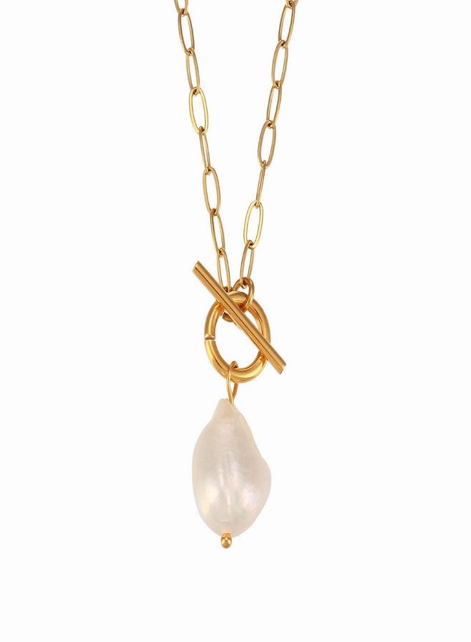 Decentraland Baroque Gold Freshwater Pearl Long Pendant Necklace Paperclip Toggle Drop Stainless Steel Necklace For Women - Image 1